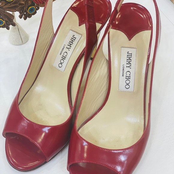 JIMMY CHOO Red Patent Leather Peep Toe Sling Back Pumps Gold Heel Sz 39 US 9 - Picture 8 of 13
